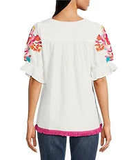 Calessa Petite Size Embroidered Square Neck Short Puff Sleeve Tassel Hem Detail Tunic