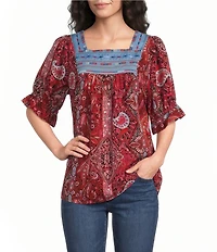 Calessa Petite Size Embroidered Square Neck Short Sleeve Tunic