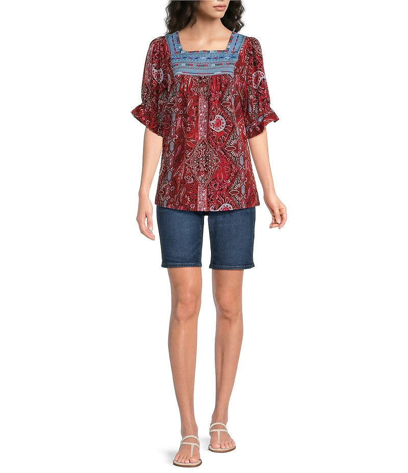 Calessa Petite Size Embroidered Square Neck Short Sleeve Tunic
