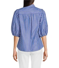 Calessa Petite Size Embroidered Stripe High Ruffle Split V-Neck Elbow Sleeve Button Front Tunic