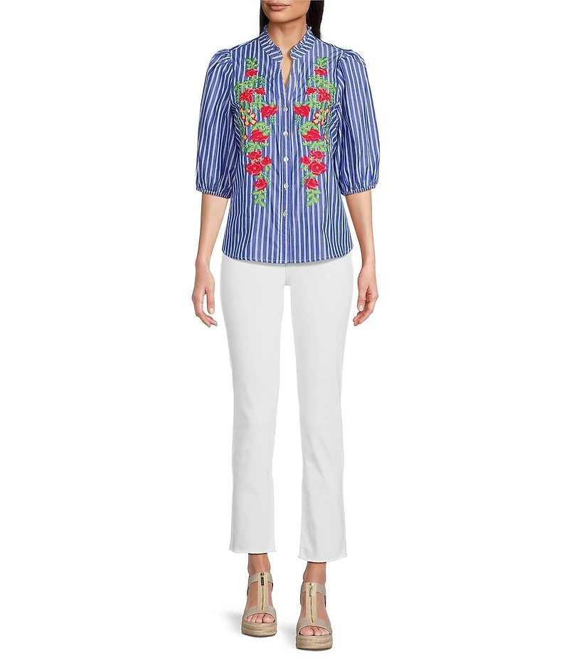 Calessa Petite Size Embroidered Stripe High Ruffle Split V-Neck Elbow Sleeve Button Front Tunic