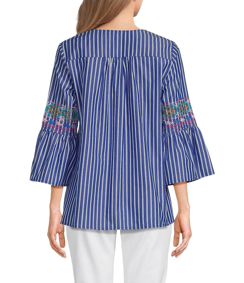 Calessa Petite Size Embroidered Stripe Split Round Neck 3/4 Sleeve Tunic
