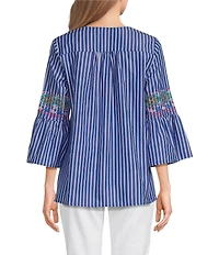 Calessa Petite Size Embroidered Stripe Split Round Neck 3/4 Sleeve Tunic