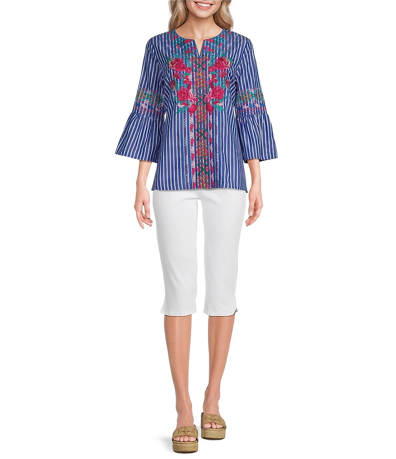 Calessa Petite Size Embroidered Stripe Split Round Neck 3/4 Sleeve Tunic