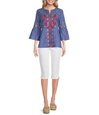 Calessa Petite Size Embroidered Stripe Split Round Neck 3/4 Sleeve Tunic