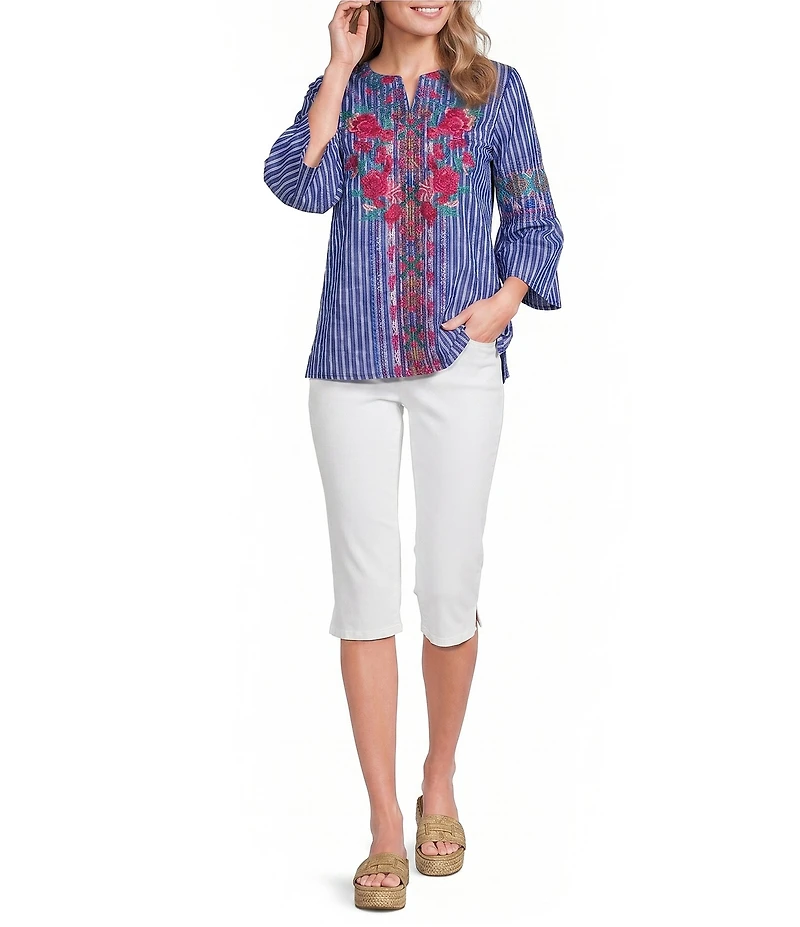 Calessa Petite Size Embroidered Stripe Split V-Neck 3/4 Sleeve Tunic