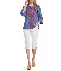 Calessa Petite Size Embroidered Stripe Split V-Neck 3/4 Sleeve Tunic