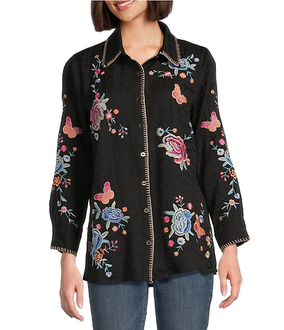 Calessa Petite Size Embroidered Textured Crinkle Point Collar Long Sleeve Button-Front Shirt