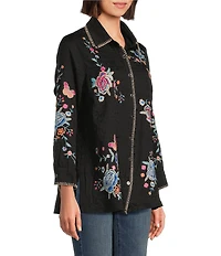 Calessa Petite Size Embroidered Textured Crinkle Point Collar Long Sleeve Button-Front Shirt