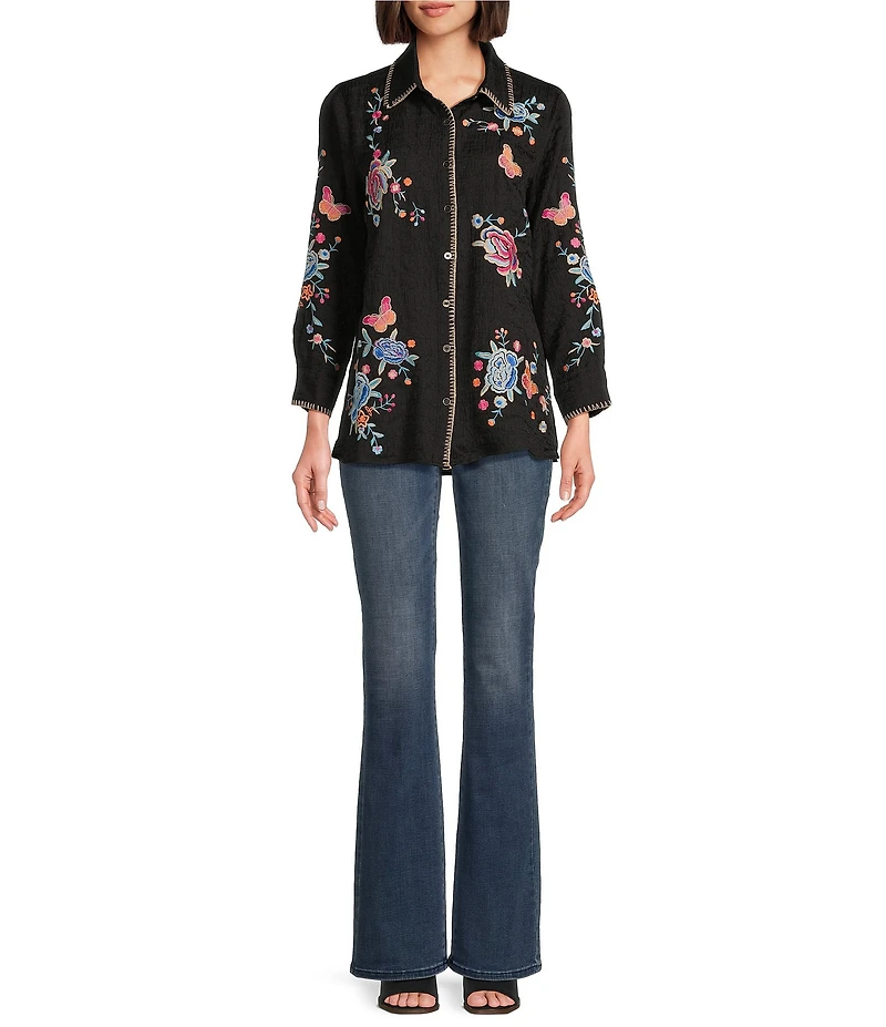 Calessa Petite Size Embroidered Textured Crinkle Point Collar Long Sleeve Button-Front Shirt