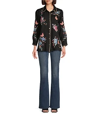Calessa Petite Size Embroidered Textured Crinkle Point Collar Long Sleeve Button-Front Shirt