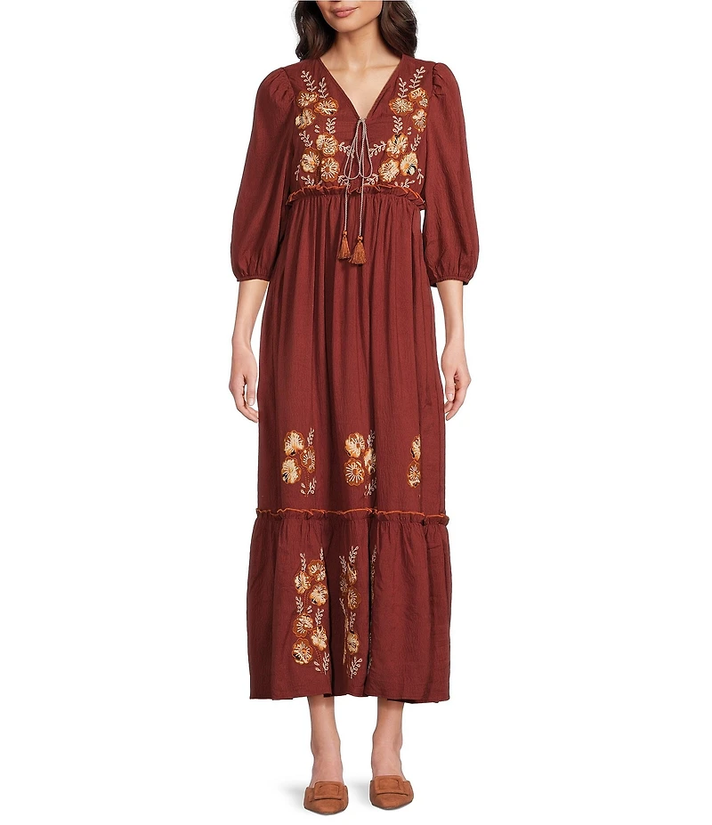Calessa Petite Size Embroidered V-Neck 3/4 Puff Sleeve Tiered Tassel Tie Front Midi Dress