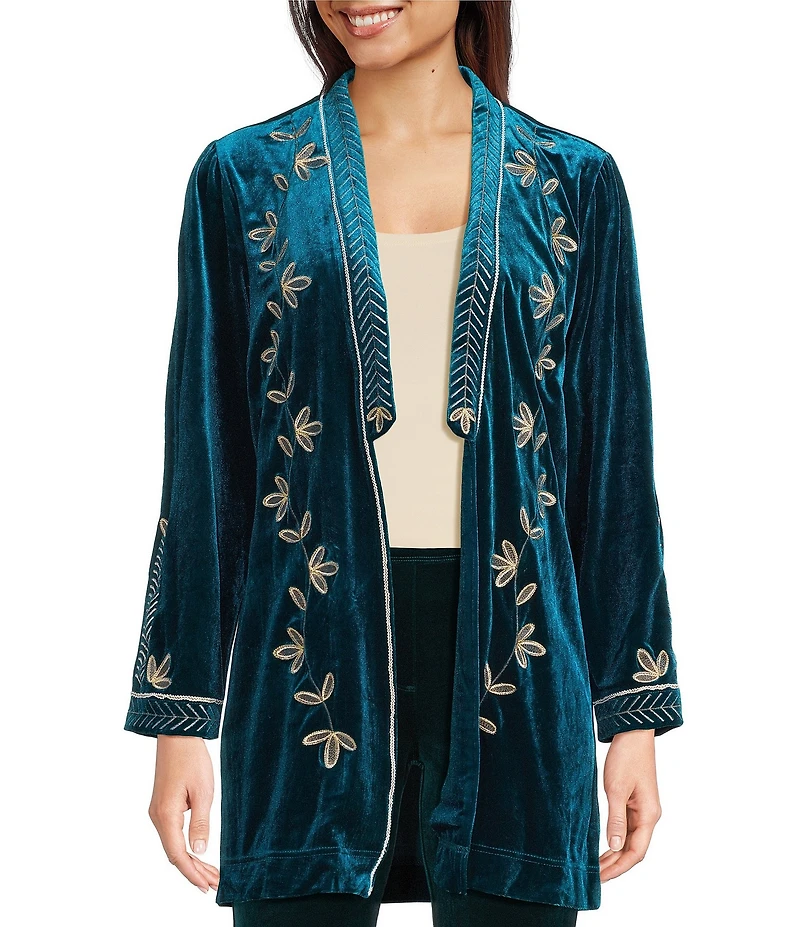 Calessa Petite Size Embroidered Velvet Long Sleeve Open-Front Cardigan