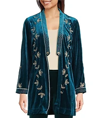 Calessa Petite Size Embroidered Velvet Long Sleeve Open-Front Cardigan