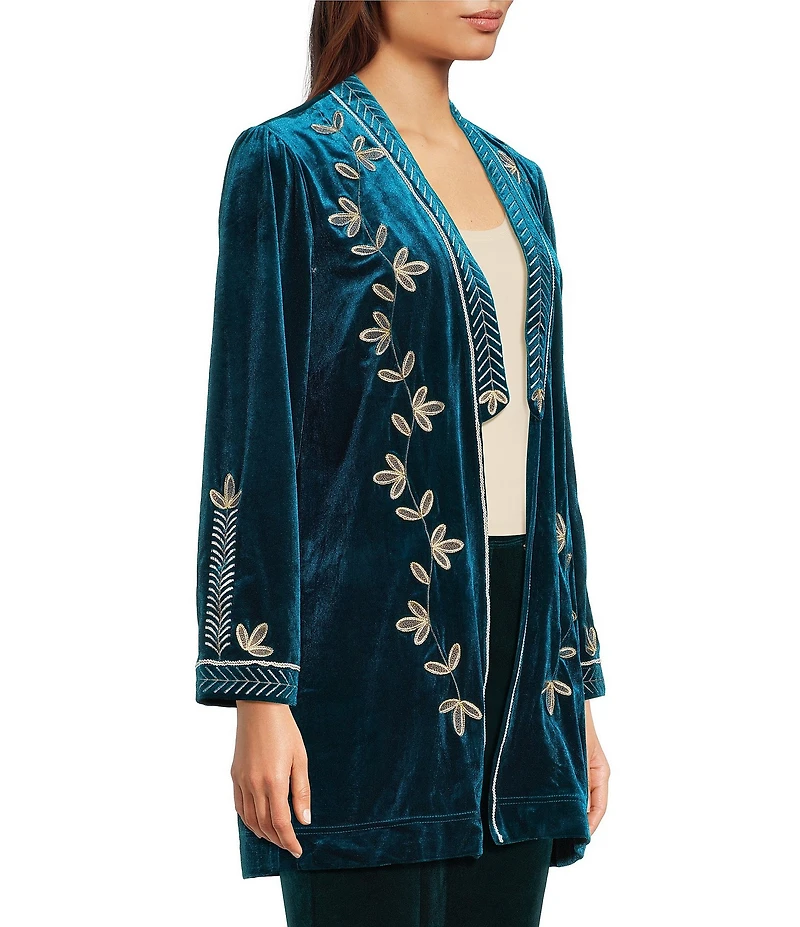 Calessa Petite Size Embroidered Velvet Long Sleeve Open-Front Cardigan