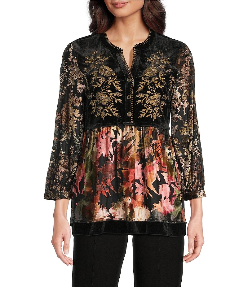 Calessa Petite Size Embroidered Velvet Patchwork Print Split V-Neck 3/4 Sleeve Tunic