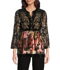 Calessa Petite Size Embroidered Velvet Patchwork Print Split V-Neck 3/4 Sleeve Tunic