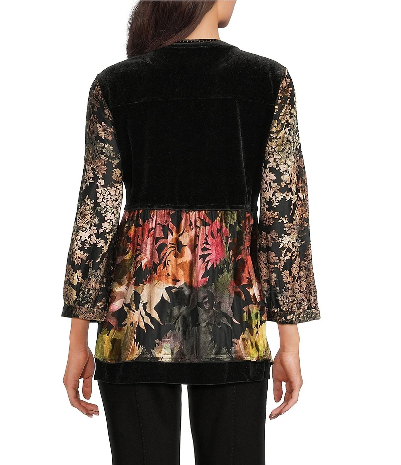 Calessa Petite Size Embroidered Velvet Patchwork Print Split V-Neck 3/4 Sleeve Tunic