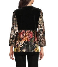 Calessa Petite Size Embroidered Velvet Patchwork Print Split V-Neck 3/4 Sleeve Tunic