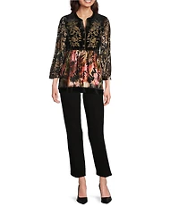 Calessa Petite Size Embroidered Velvet Patchwork Print Split V-Neck 3/4 Sleeve Tunic
