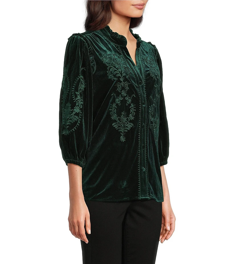Calessa Petite Size Embroidered Velvet Ruffled Split V-Neck Long Sleeve Button-Front Tunic