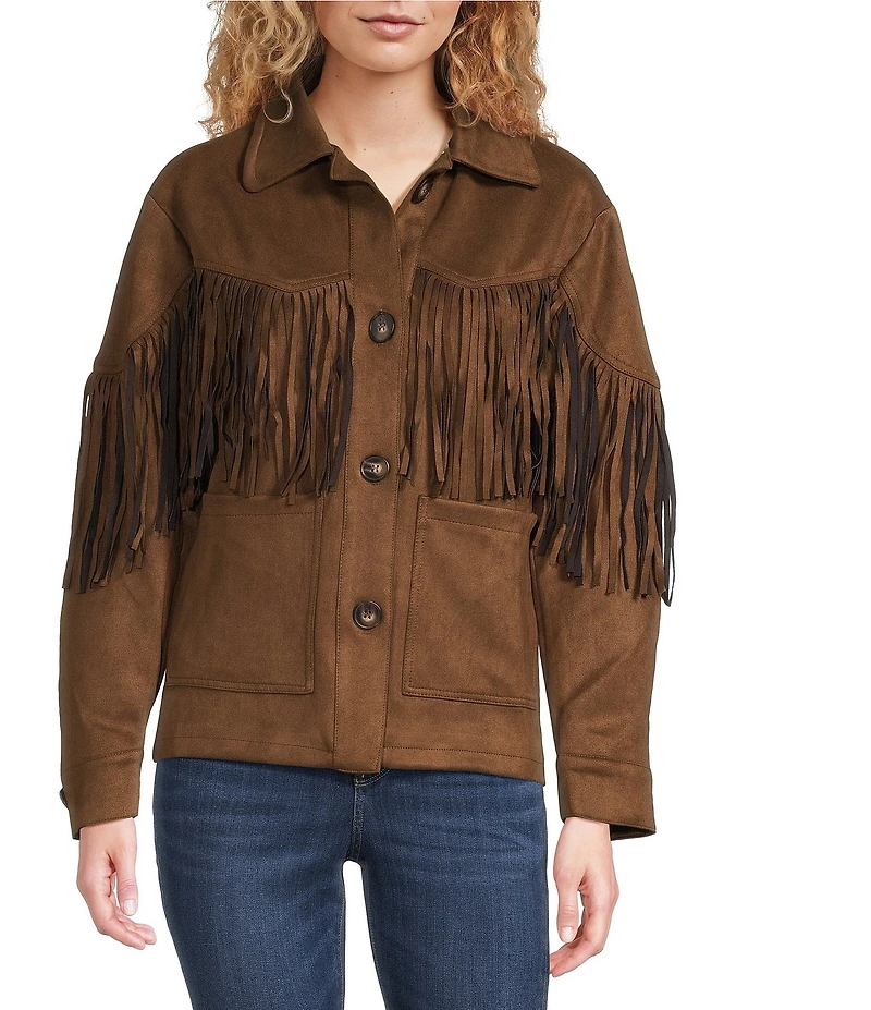 Calessa Petite Size Faux Suede Fringe Point Collar Long Sleeve Shirt Jacket