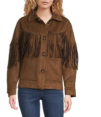 Calessa Petite Size Faux Suede Fringe Point Collar Long Sleeve Shirt Jacket