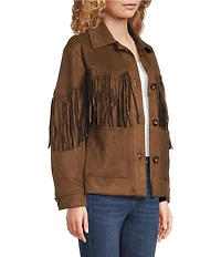 Calessa Petite Size Faux Suede Fringe Point Collar Long Sleeve Shirt Jacket