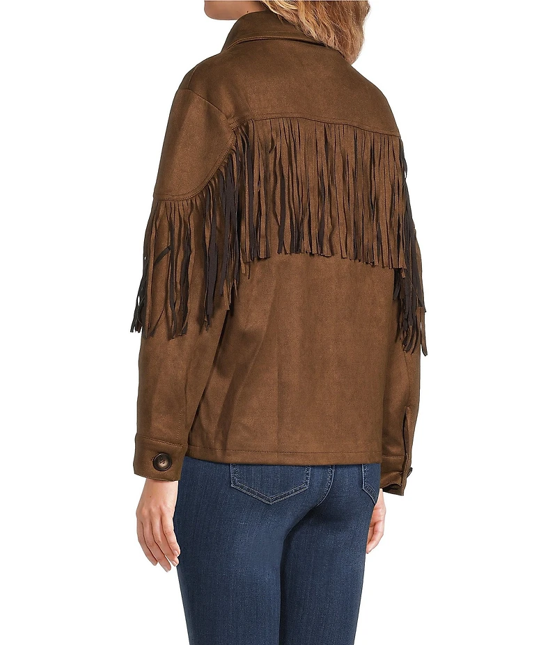 Calessa Petite Size Faux Suede Fringe Point Collar Long Sleeve Shirt Jacket