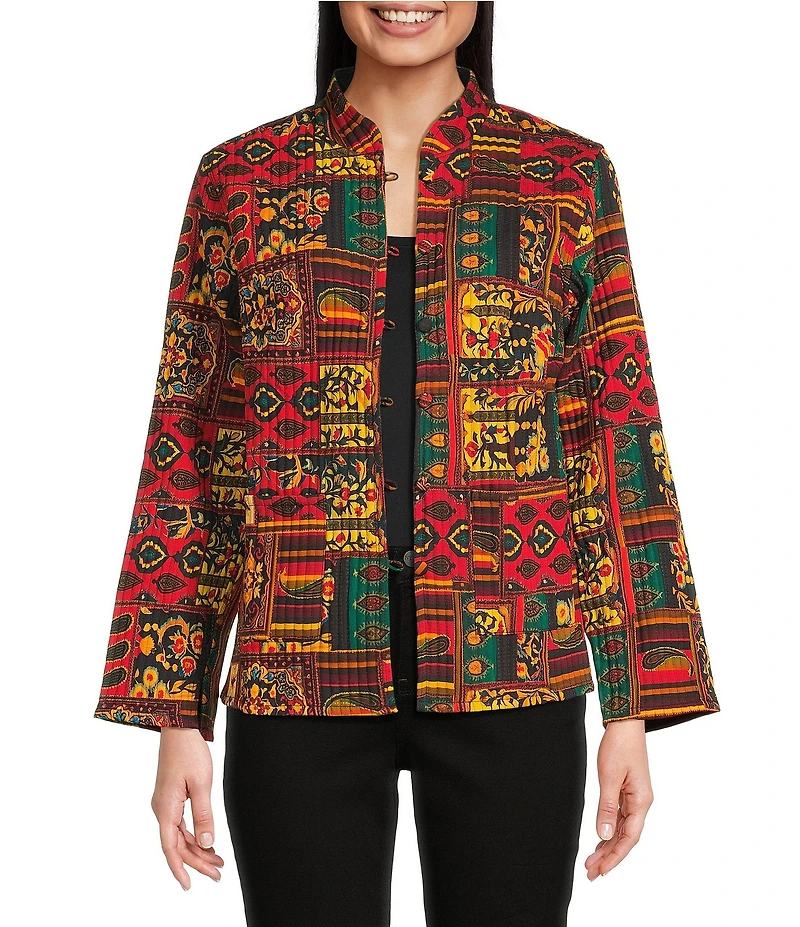 Calessa Petite Size Festive Patchwork Stand Collar Long Sleeve Button-Front Reversible Shirt Jacket