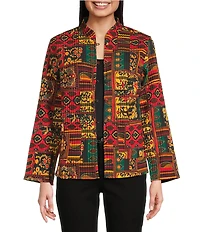 Calessa Petite Size Festive Patchwork Stand Collar Long Sleeve Button-Front Reversible Shirt Jacket