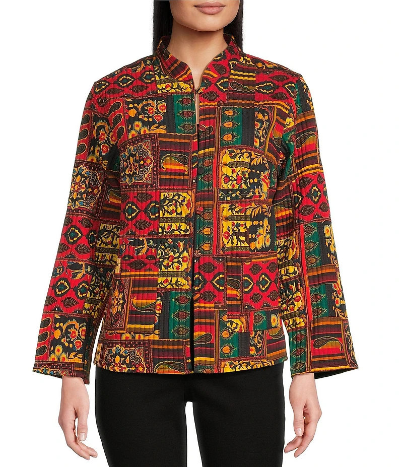 Calessa Petite Size Festive Patchwork Stand Collar Long Sleeve Button-Front Reversible Shirt Jacket