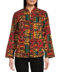 Calessa Petite Size Festive Patchwork Stand Collar Long Sleeve Button-Front Reversible Shirt Jacket