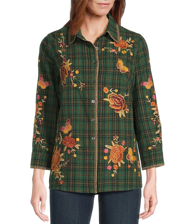 Calessa Petite Size Plaid Print Floral Embroidered Crinkle Woven Bracelet Sleeve Button Front Shirt