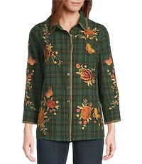Calessa Petite Size Plaid Print Floral Embroidered Crinkle Woven Bracelet Sleeve Button Front Shirt