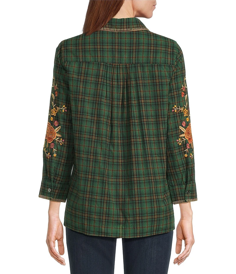Calessa Petite Size Plaid Print Floral Embroidered Crinkle Woven Bracelet Sleeve Button Front Shirt