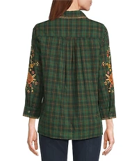Calessa Petite Size Plaid Print Floral Embroidered Crinkle Woven Bracelet Sleeve Button Front Shirt