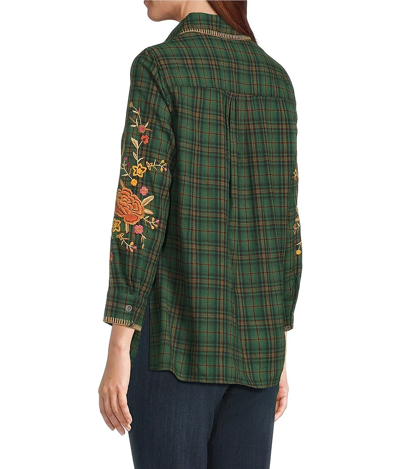 Calessa Petite Size Plaid Print Floral Embroidered Crinkle Woven Bracelet Sleeve Button Front Shirt