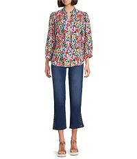 Calessa Petite Size Floral Split V-Neck 3/4 Sleeve Button Front Tunic