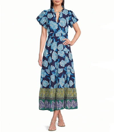 Calessa Petite Size Floral Split V-Neck Elasticized Short Sleeve Tiered Midi Dress