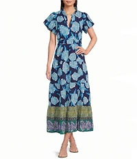 Calessa Petite Size Floral Split V-Neck Elasticized Cap Sleeve Tiered Midi Dress