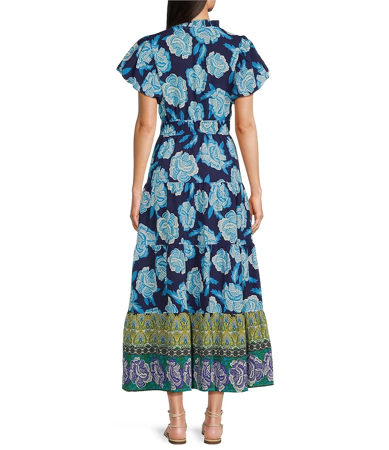 Calessa Petite Size Floral Split V-Neck Elasticized Cap Sleeve Tiered Midi Dress