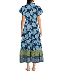 Calessa Petite Size Floral Split V-Neck Elasticized Cap Sleeve Tiered Midi Dress