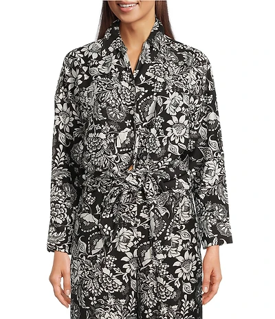 Calessa Petite Size Coordinating Garden Floral Point Collar Long Sleeve Tie-Front Blouse