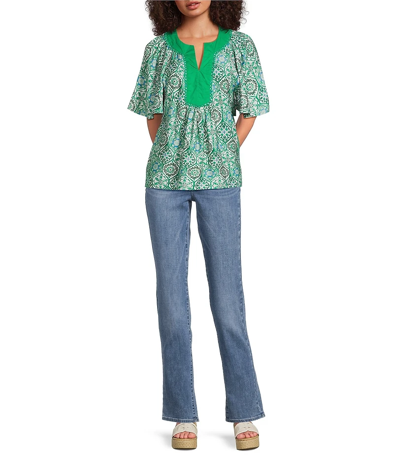 Calessa Petite Size Garden Mosaic Split Round V-Neck Short Sleeve Tunic