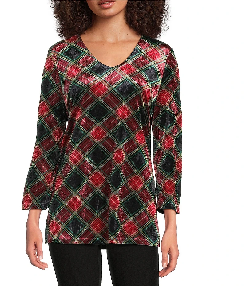 Calessa Petite Size Holiday Plaid V-Neck 3/4 Sleeve Velvet Knit Tunic