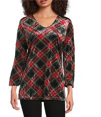 Calessa Petite Size Holiday Plaid V-Neck 3/4 Sleeve Velvet Knit Tunic