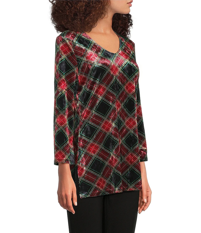 Calessa Petite Size Holiday Plaid V-Neck 3/4 Sleeve Velvet Knit Tunic