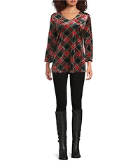 Calessa Petite Size Holiday Plaid V-Neck 3/4 Sleeve Velvet Knit Tunic