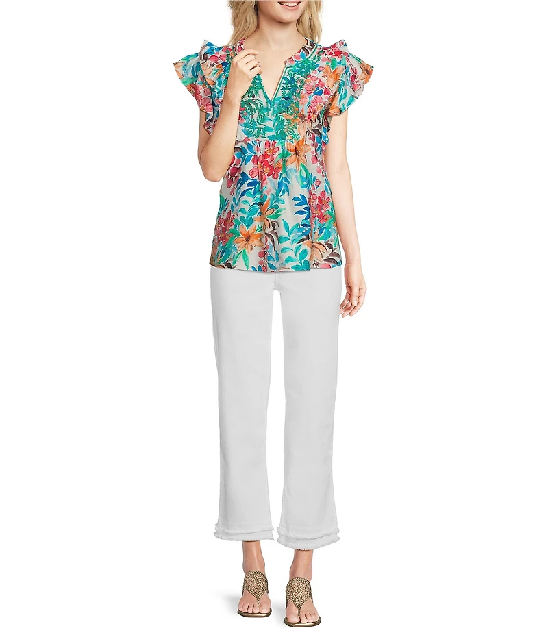 Calessa Petite Size Italian Floral Split V-Neck Ruffle Cap Sleeve Top